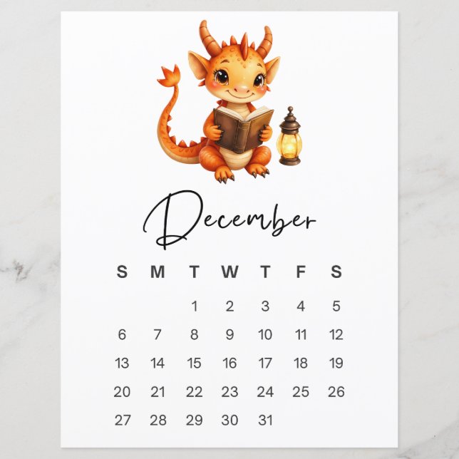 December Baby Dragon Art Print Whimsical Calendar  (Vorderseite)