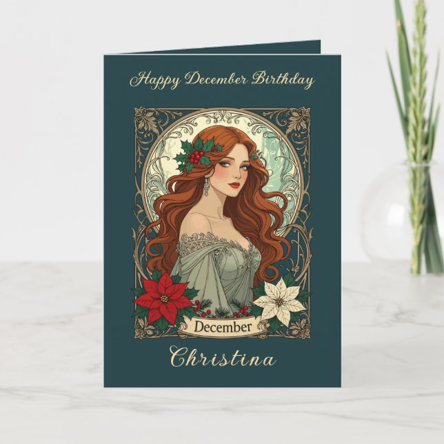 December Birthday Holly Berries And Poinsettia Karte (Vorderseite)