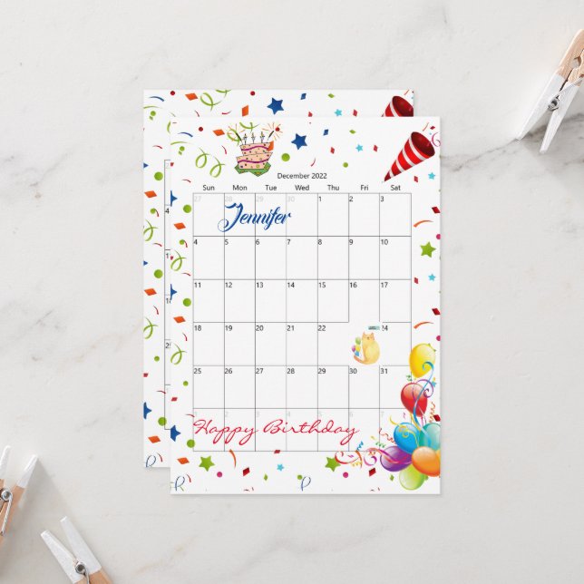 Décembre 2022 Calendrier Bonne Invitation Annivers (Devant/Arrière en situation)