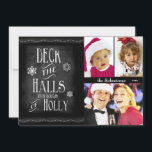 Deck die Hallen Chalkboard Foto Weihnachten<br><div class="desc">Spaß, trendy Chalkboard Weihnachtsthema sagt Deck the Halls with Boughs of Holly. Diese moderne Ferienwohnung verfügt über drei Foto-Bereiche, die für Ihre hochgeladenen Fotos geeignet sind. Passen Sie den Namen und den Datumstext für eine persönliche Touch an. Card Back hat Weihnachtsbaum im Chalkboard-Stil und Text-Sprichwort Frohe Weihnachten, aber Text kann...</div>