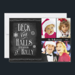 Deck die Hallen Chalkboard Foto Weihnachten<br><div class="desc">Spaß, trendy Chalkboard Weihnachtsthema sagt Deck the Halls with Boughs of Holly. Diese moderne Ferienwohnung verfügt über drei Foto-Bereiche, die für Ihre hochgeladenen Fotos geeignet sind. Passen Sie den Namen und den Datumstext für eine persönliche Touch an. Card Back hat Weihnachtsbaum im Chalkboard-Stil und Text-Sprichwort Frohe Weihnachten, aber Text kann...</div>