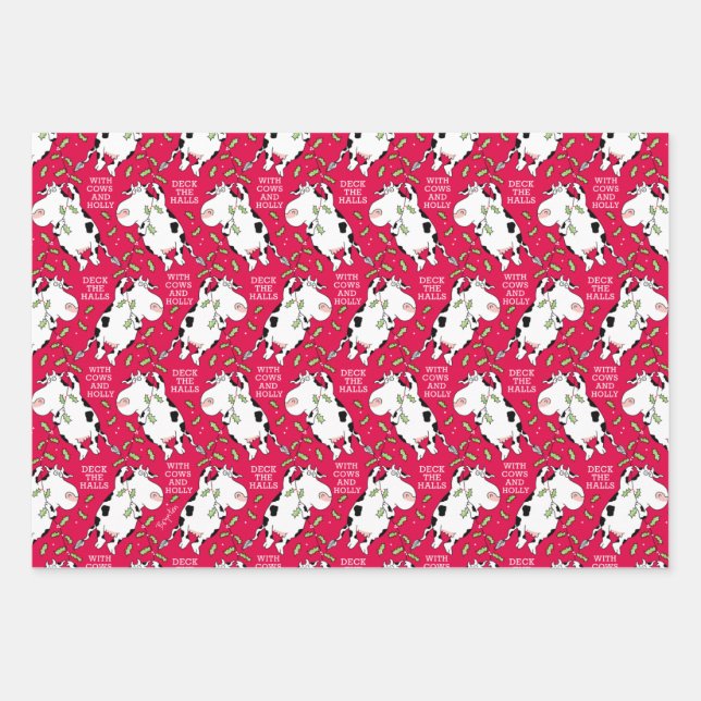 DECK DIE HALLEN MIT COWS & HOLLY Sandra Boynton Geschenkpapier Set (Vorderseite)