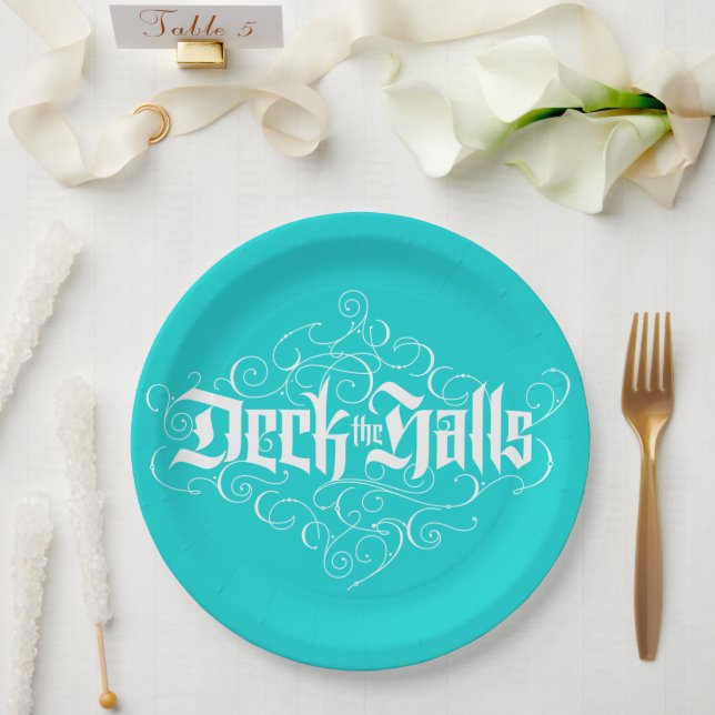 Deck Halls Moderne Weihnachts Aqua Blue Aquamarin Pappteller (Hochzeit)