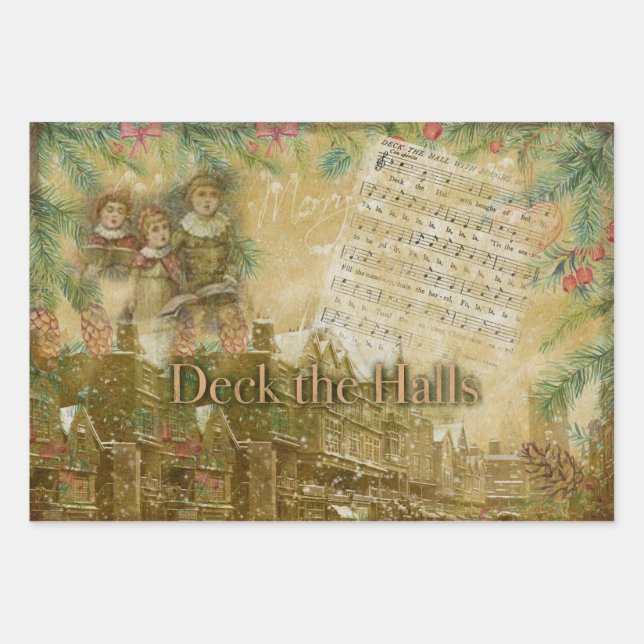 "Deck the Halls" Vintag Geschenkpapier Set (Vorderseite)