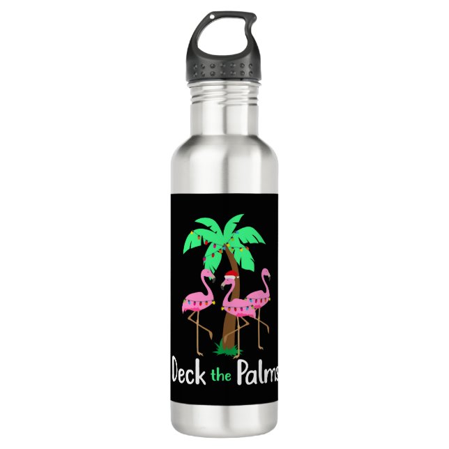 Deck The Palm Trees Flamingo Weihnachtsfest Spaß Edelstahlflasche (Vorderseite)