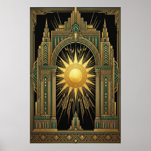Deco Celestial Sun Portal Poster   Gold Teal Kathé
