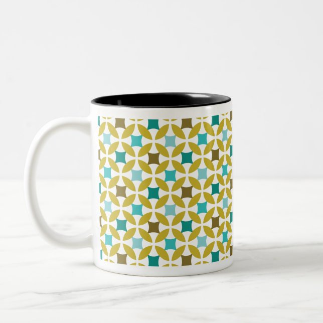 Deco Print Pattern Gold Teal Geometric Zweifarbige Tasse (Links)