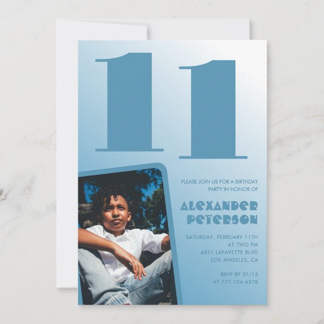 Décor bleu 11e anniversaire invitations Boy Photo (Devant)