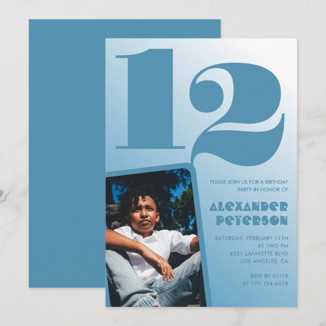 Décor bleu 12e anniversaire invitations Boy Photo (Devant / Derrière)