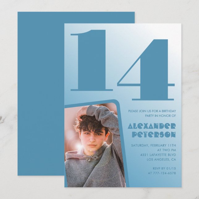 Décor bleu 14e anniversaire invitations Boy Photo (Devant / Derrière)