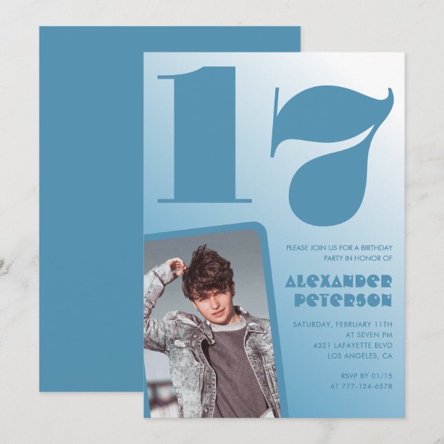 Décor bleu 17e anniversaire invitations Boy Photo (Devant / Derrière)