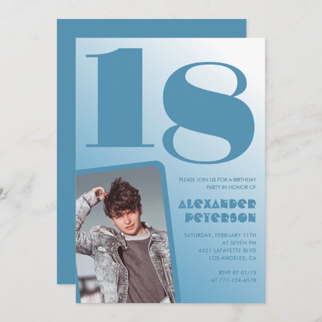 Décor bleu 18e anniversaire invitations Boy Photo (Devant / Derrière)