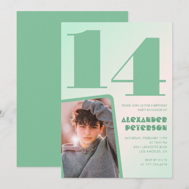 Décor vert Invitations à 14e anniversaire Boy Phot (Devant / Derrière)