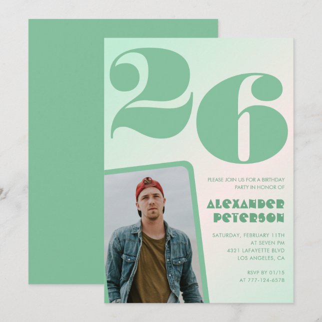 Décor vert Invitations à 26e anniversaire Boy Phot (Devant / Derrière)