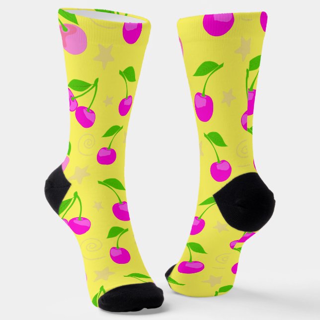 Decora Kei Rainbow Cherry Pattern Yellow Socken (Gewinkelt)