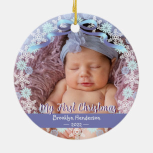 Décoration En Céramique 1er Noël Nouveau bébé Nom photo Bleu clair pourpre