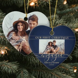Décoration En Céramique 2 Photo First Christmas Engagé Marine & Gold Heart