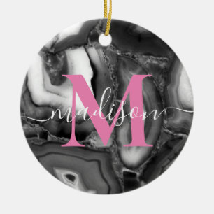 Décoration En Céramique Abstrait Black White agates script de code monogra