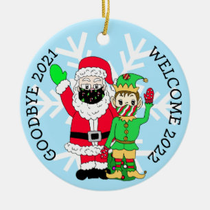 Décoration En Céramique Adieu 2021, Bienvenue 2022 Père Noël Elf Facemask