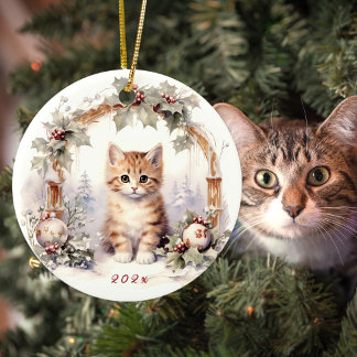 Décoration En Céramique adorable animal chaton de Noël