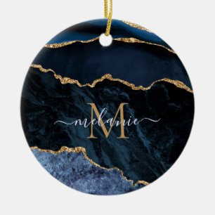 Décoration En Céramique Agate Marine Blue Gold Gemstone Marble Nom du mono