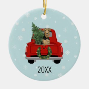 Décoration En Céramique Airedale Terrier dog red truck christmas