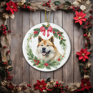 Décoration En Céramique Akita Chien Red Bow Holly Wreath