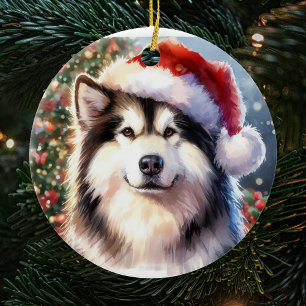Décoration En Céramique Alaskien Malamute Santa Hat Aquarelle Noël