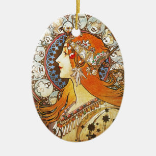 Décoration En Céramique Alphonse Mucha La Plume Zodiac Art Nouveau Vintage