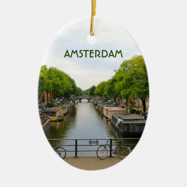 Décoration En Céramique Amsterdam : Canal, ponts, vélos, bateaux, Hollande (Devant)