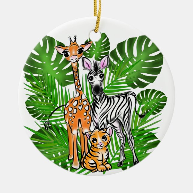 Décoration En Céramique Amusants Safari amis girafe zèbre tigre palme feui (Devant)