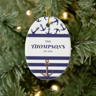Décoration En Céramique Ancre nautique Motif Marine Stripes Nom de famille