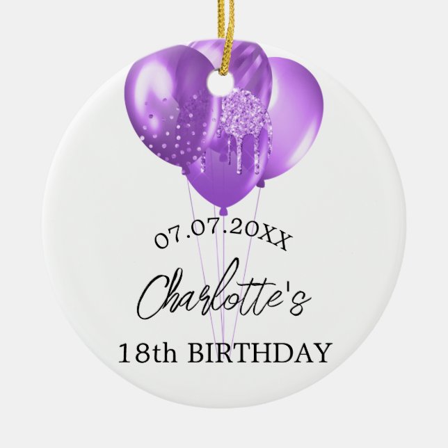 Décoration En Céramique Anniversaire blanc violet nom ballons (Devant)
