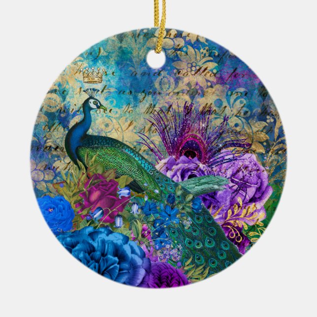 Décoration En Céramique Antique Illustrated Peacock & Flowers Grunge (Devant)