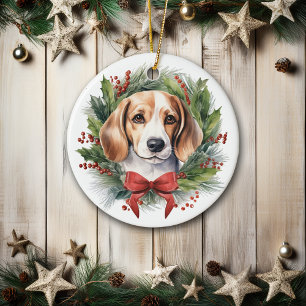 Décoration En Céramique Aquarelle Beagle Red Bow Wreath Noël