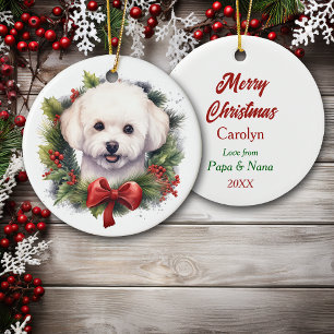 Décoration En Céramique Aquarelle Bichon Frise Chien Red Bow Wreath