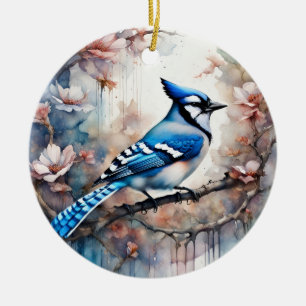 Décoration En Céramique Aquarelle bleu Jay Cherry Blossoms