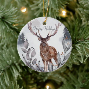 Décoration En Céramique Aquarelle Bois Cerf Joyeux Vacances
