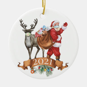 Décoration En Céramique Aquarelle Covid Père Noël Reindeer 2021 Noël