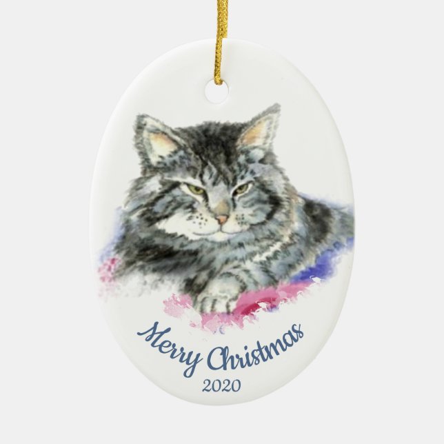Décoration En Céramique Aquarelle de Noël personnalisée Tabby Cat (Devant)