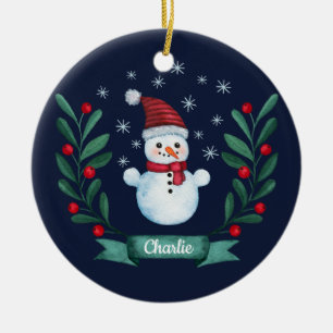 Décoration En Céramique Aquarelle de Noël Snowman Custom Navy Blue