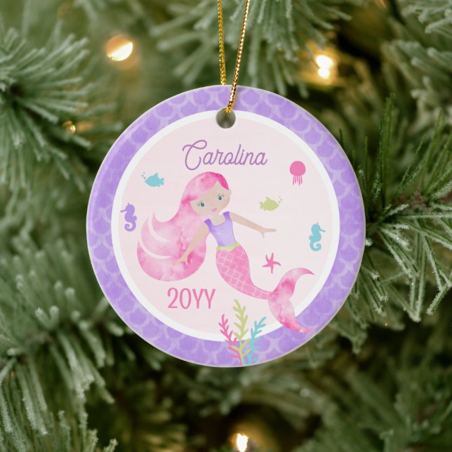 Décoration En Céramique Aquarelle de sirène rose et pourpre (Arbre)