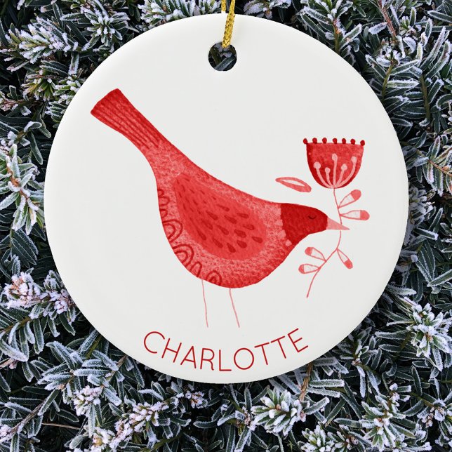 Décoration En Céramique Aquarelle d'oiseau rouge Personnalisé (Red watercolor bird personalized custom name Christmas ornament)