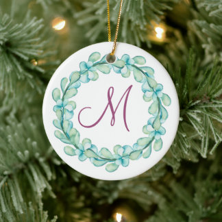 Décoration En Céramique Aquarelle Eucalyptus Wreath Monogramme Noël