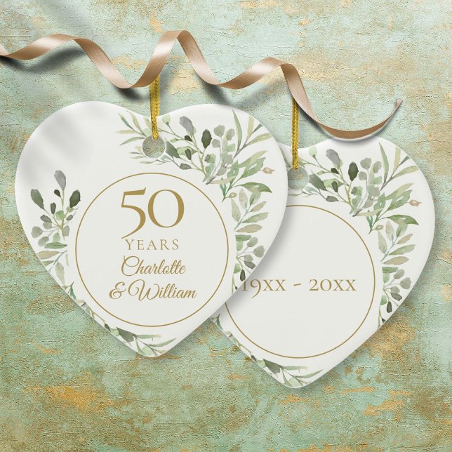 Décoration En Céramique Aquarelle Feuille 50e anniversaire Mariage (Watercolor Leaves 50th Wedding Anniversary Ceramic Ornament)