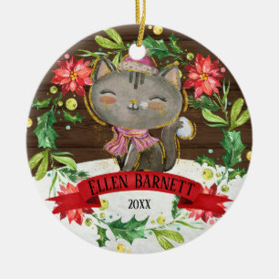 Décoration En Céramique Aquarelle gris mignonne Chat Noël