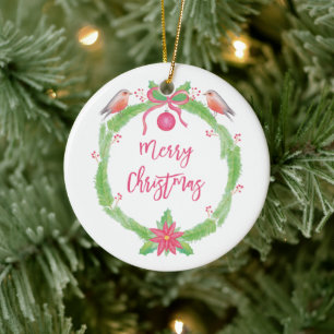 Décoration En Céramique Aquarelle Holly Wreath "Joyeux Noël"