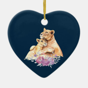 Décoration En Céramique Aquarelle mignonne Mère Lion & Cub