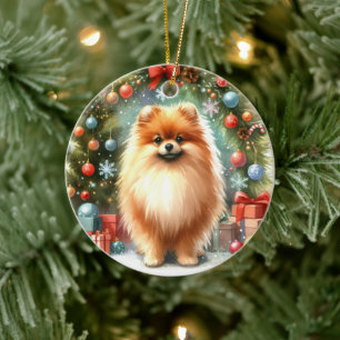 Décoration En Céramique Aquarelle mignonne Pomeranienne Noël festif