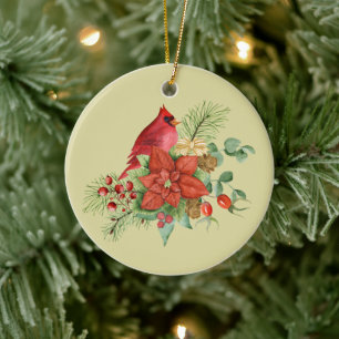 Décoration En Céramique Aquarelle Noël Cardinal rouge
